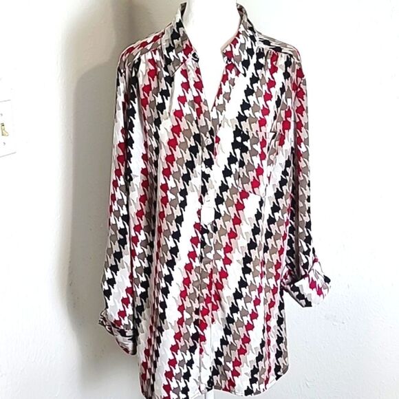 Style & Co Rose, Black,    White & Gray Printed Buttondown Blouse, Size 2X - Picture 1 of 10